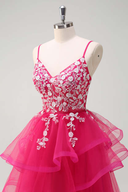 Fuchsia Sequined Applique A-Line Ruffled Prom Dress