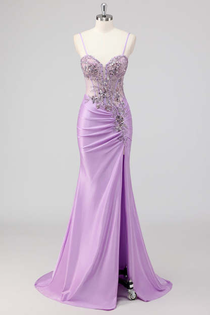 Sparkly Navy Mermaid Sequin Beaded Corset Maxi Prom Dress with Slit