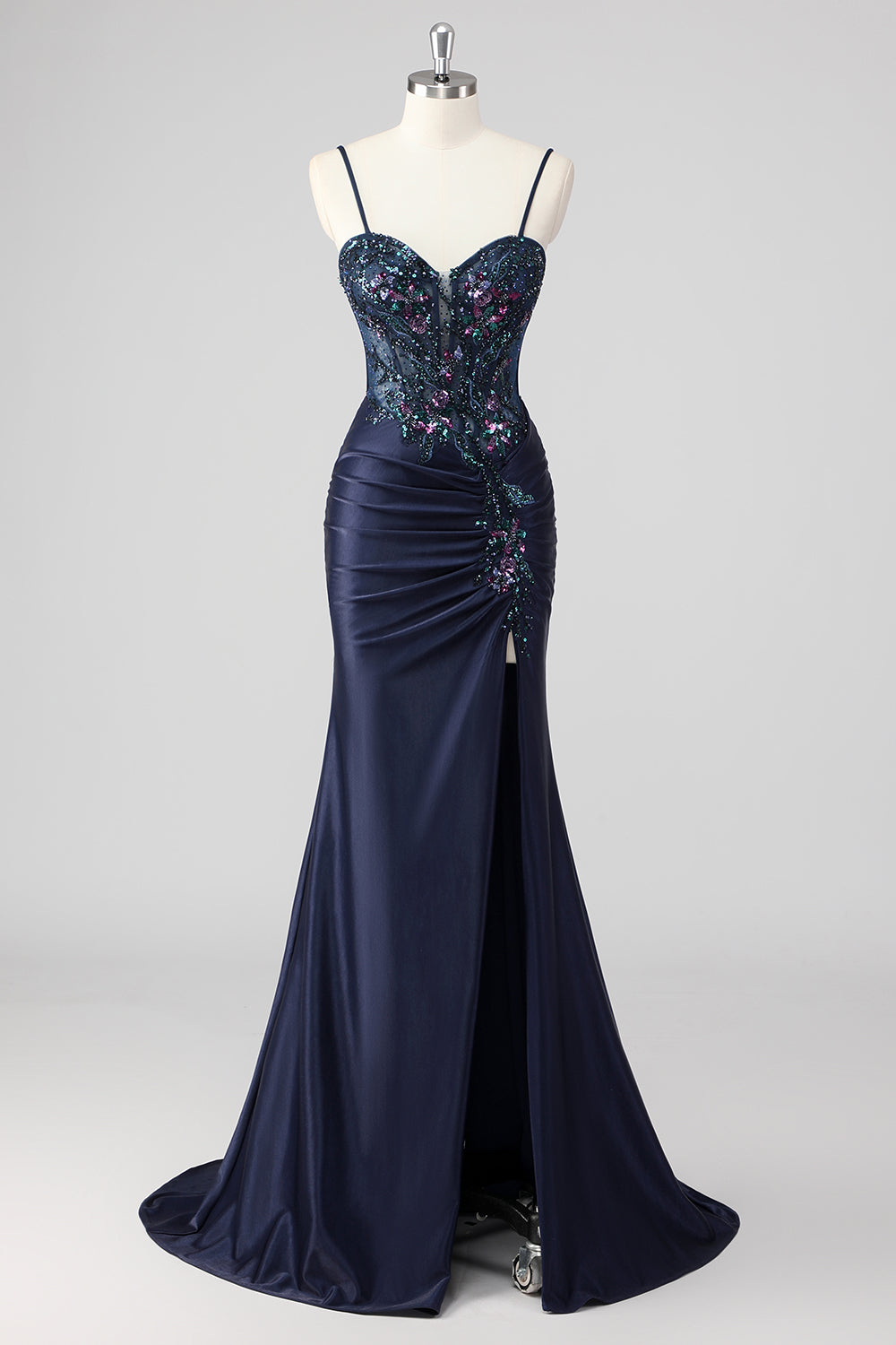 Sparkly Navy Mermaid Sequin Beaded Corset Maxi Prom Dress with Slit