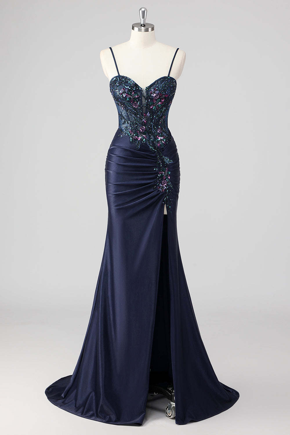 Leely Women Sparkly Navy Maxi Prom Dress with Slit Sequin Mermaid Ruched Corset Evening Dress
