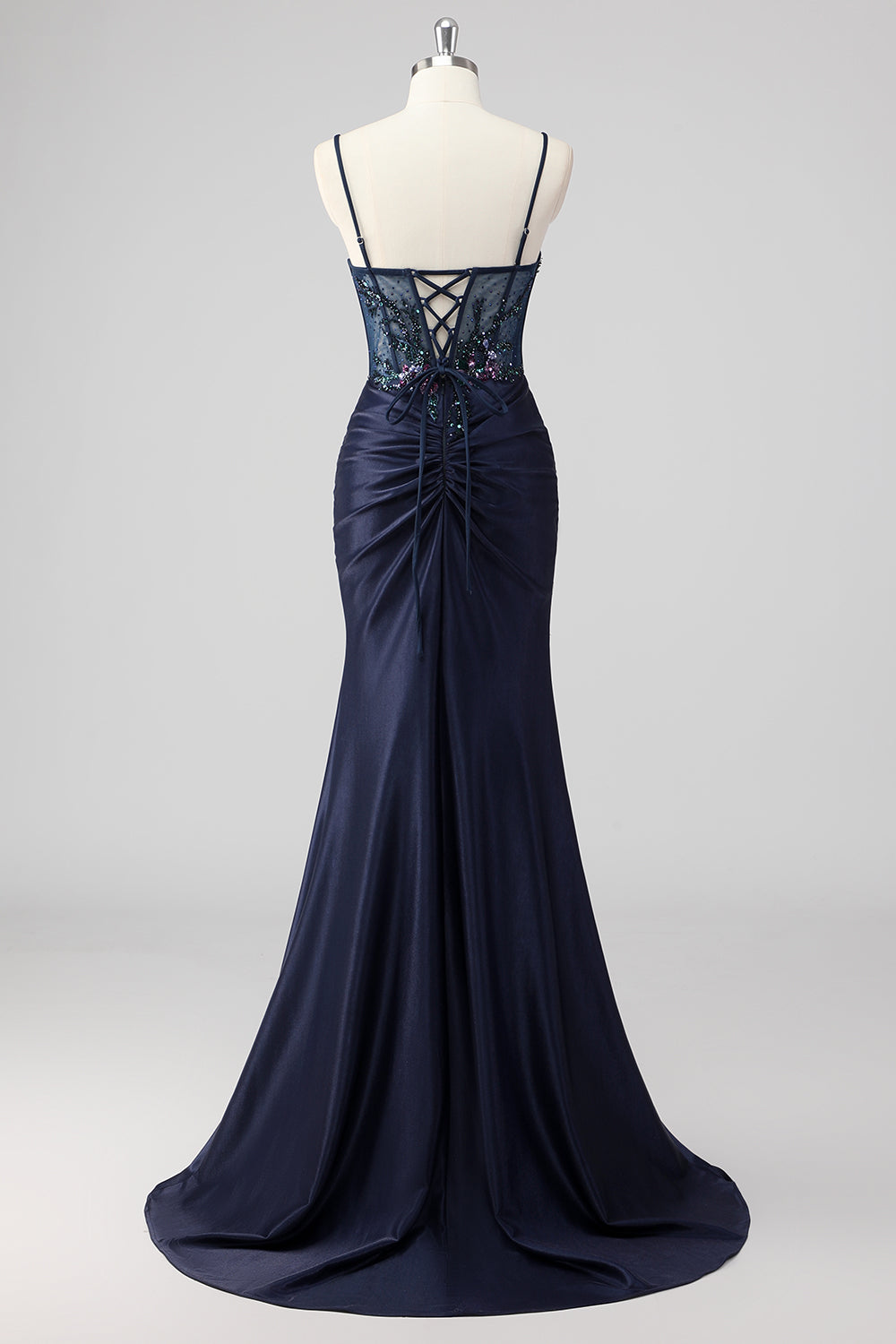 Sparkly Navy Mermaid Sequin Beaded Corset Maxi Prom Dress with Slit