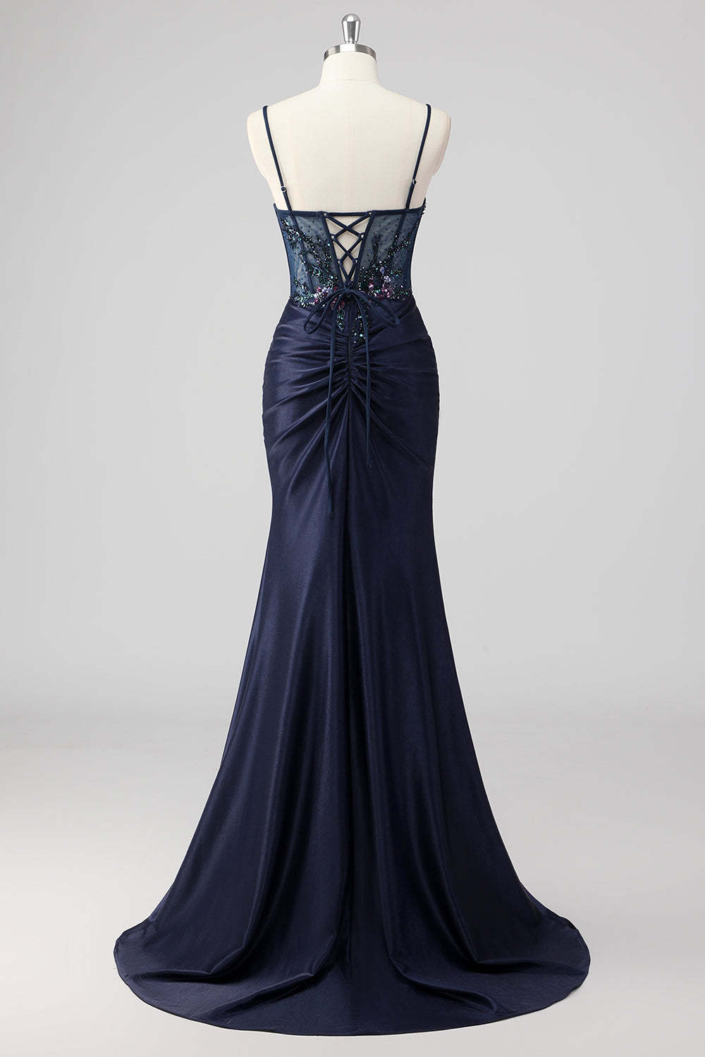 Sparkly Navy Mermaid Sequin Beaded Corset Maxi Prom Dress with Slit