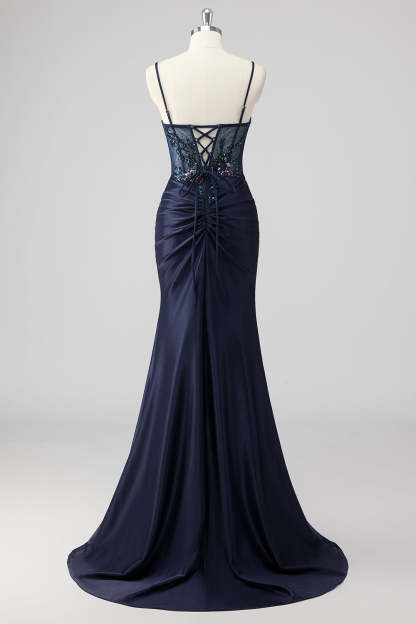 Sparkly Navy Mermaid Sequin Beaded Corset Maxi Prom Dress with Slit