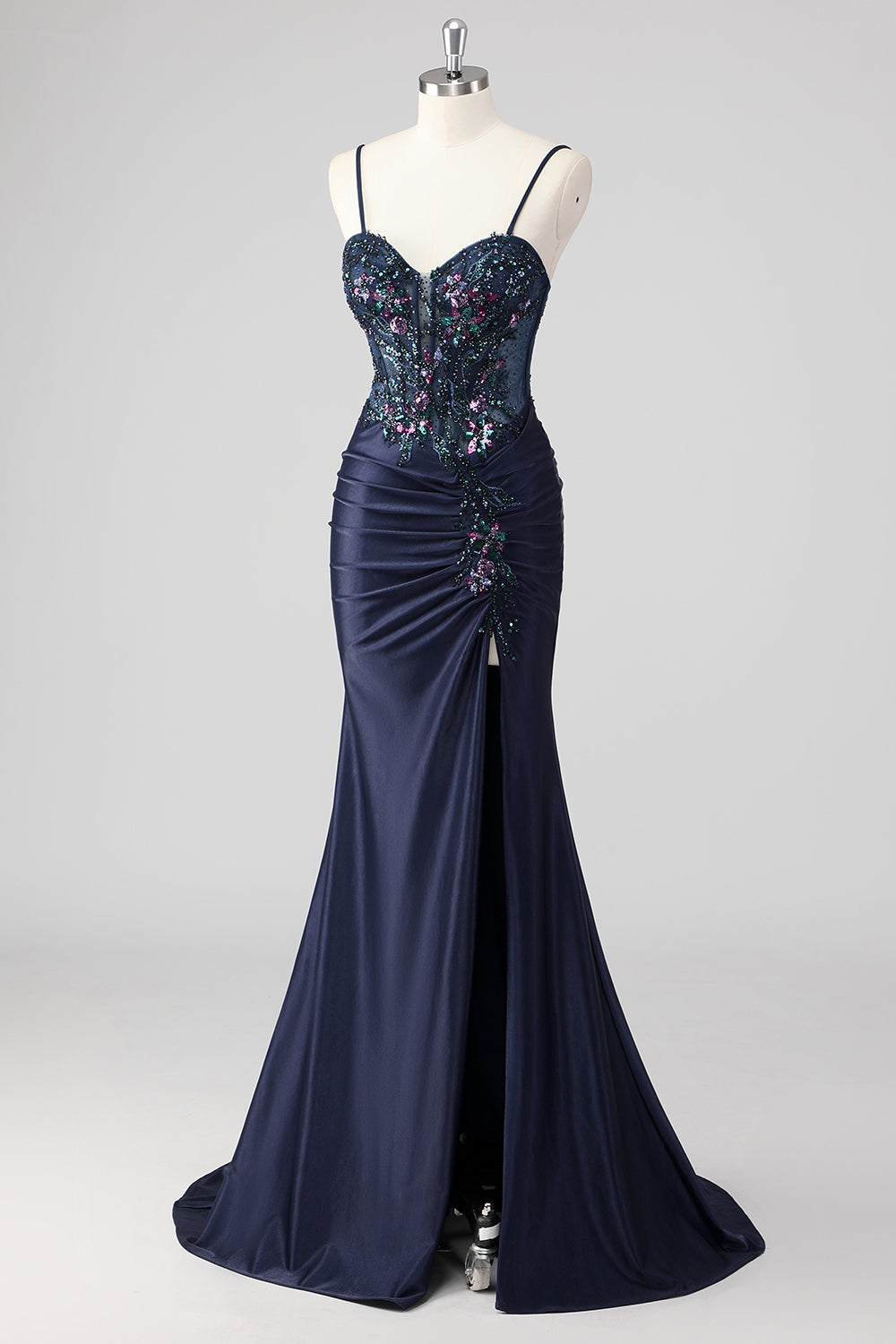 Sparkly Navy Mermaid Sequin Beaded Corset Maxi Prom Dress with Slit
