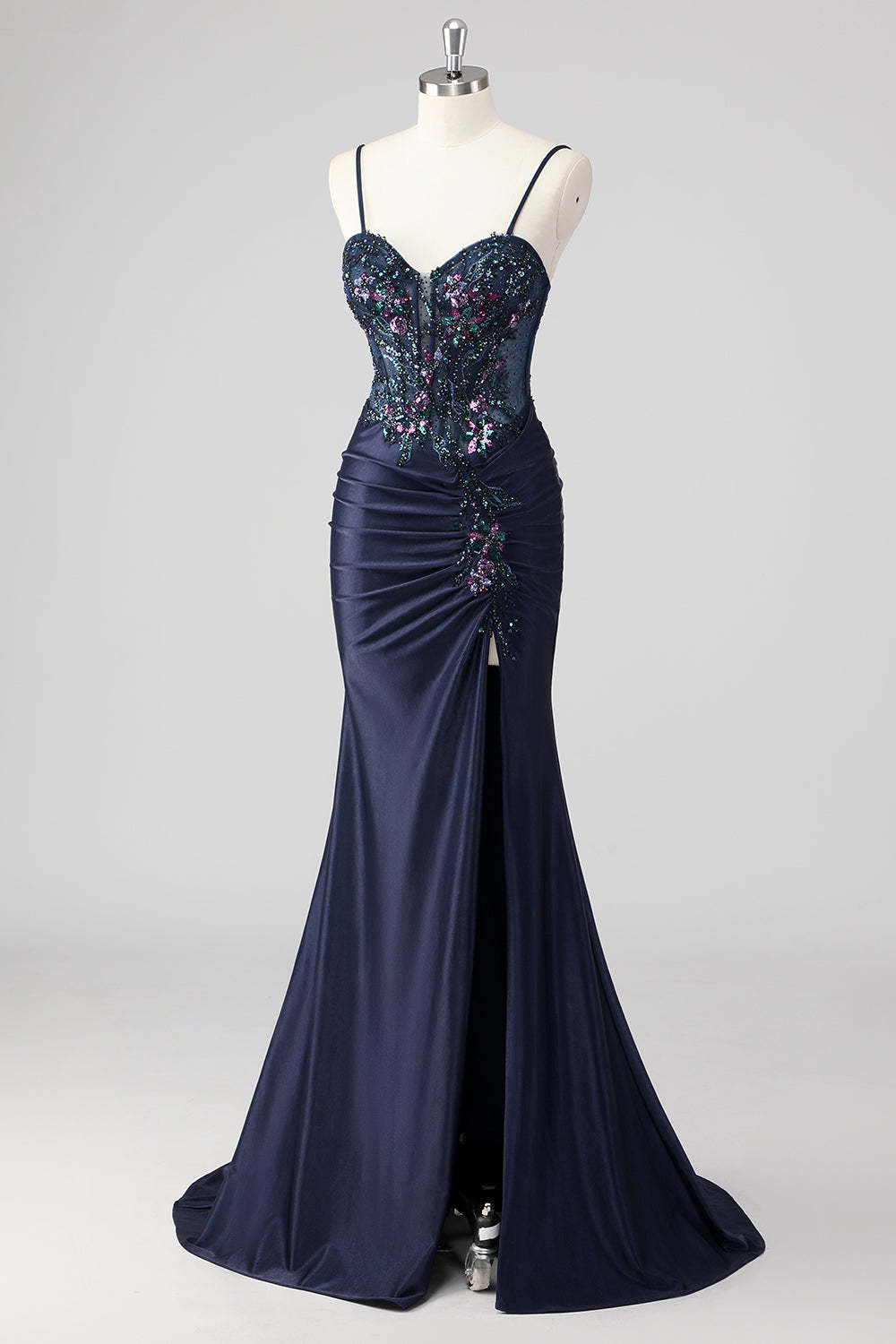 Sparkly Navy Mermaid Sequin Beaded Corset Maxi Prom Dress with Slit