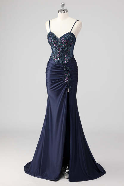 Sparkly Navy Mermaid Sequin Beaded Corset Maxi Prom Dress with Slit