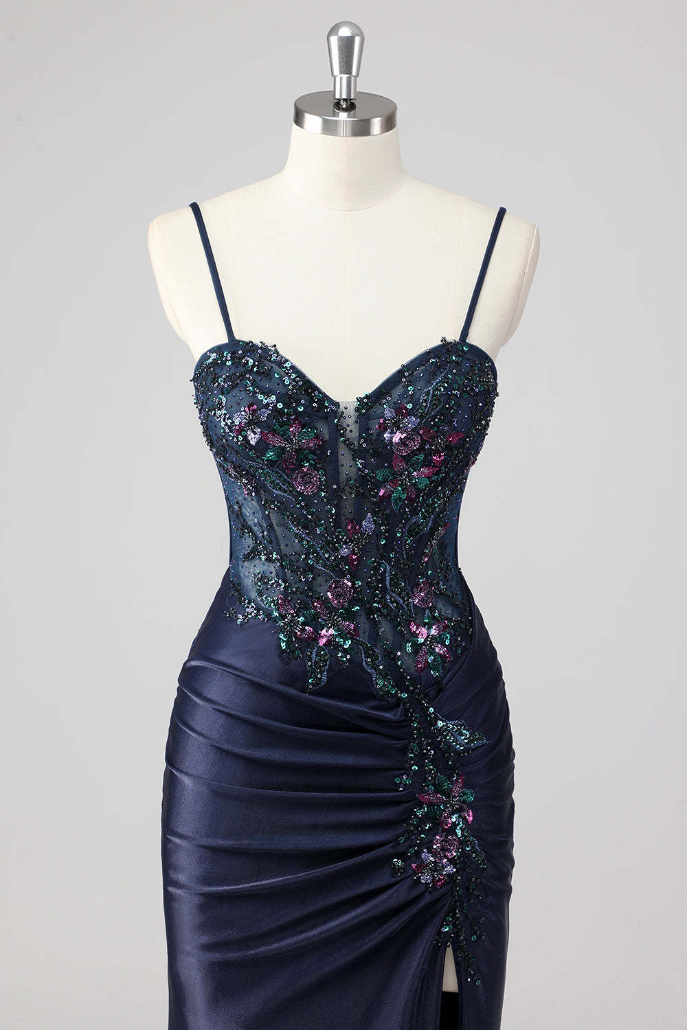 Sparkly Navy Mermaid Sequin Beaded Corset Maxi Prom Dress with Slit