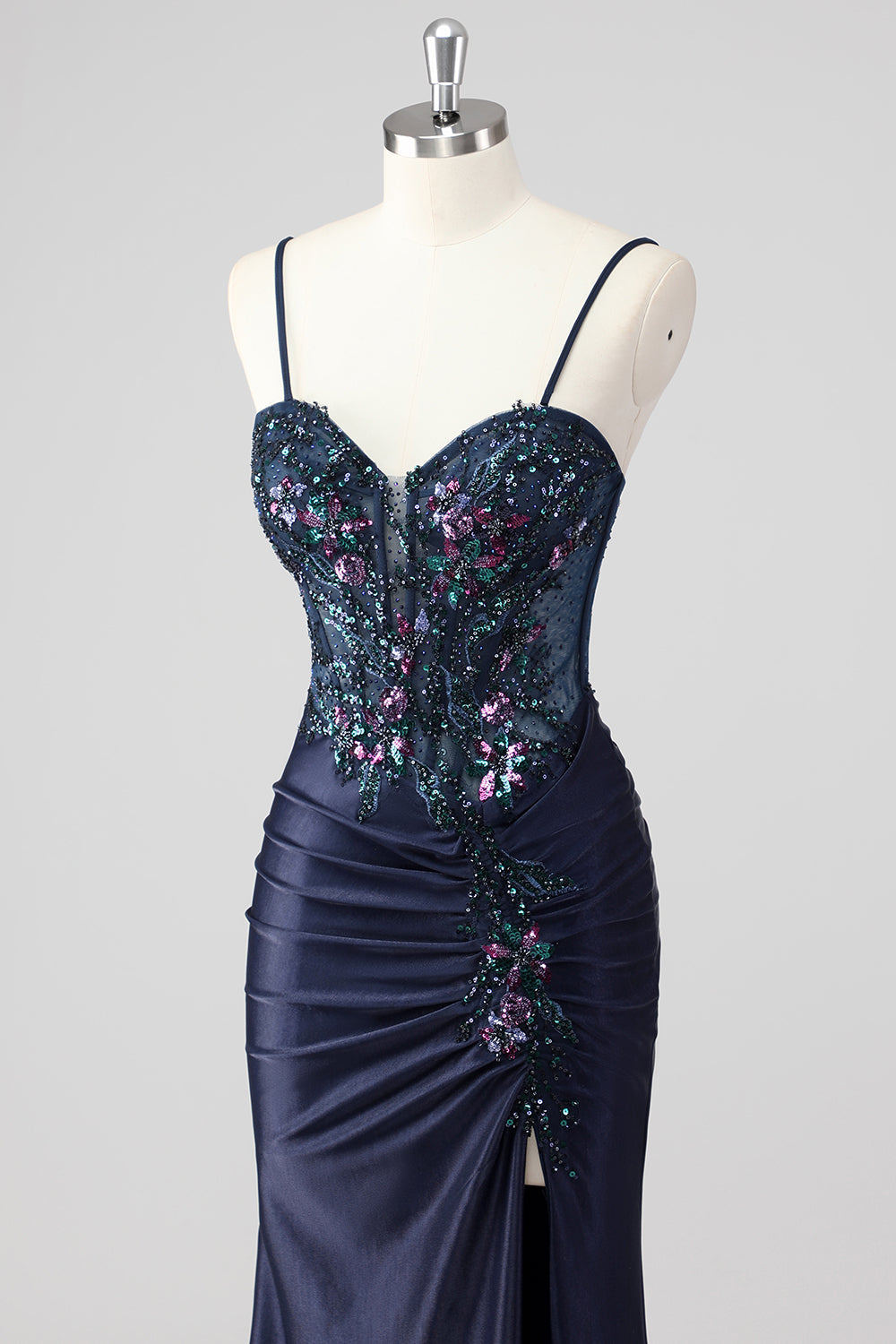Sparkly Navy Mermaid Sequin Beaded Corset Maxi Prom Dress with Slit
