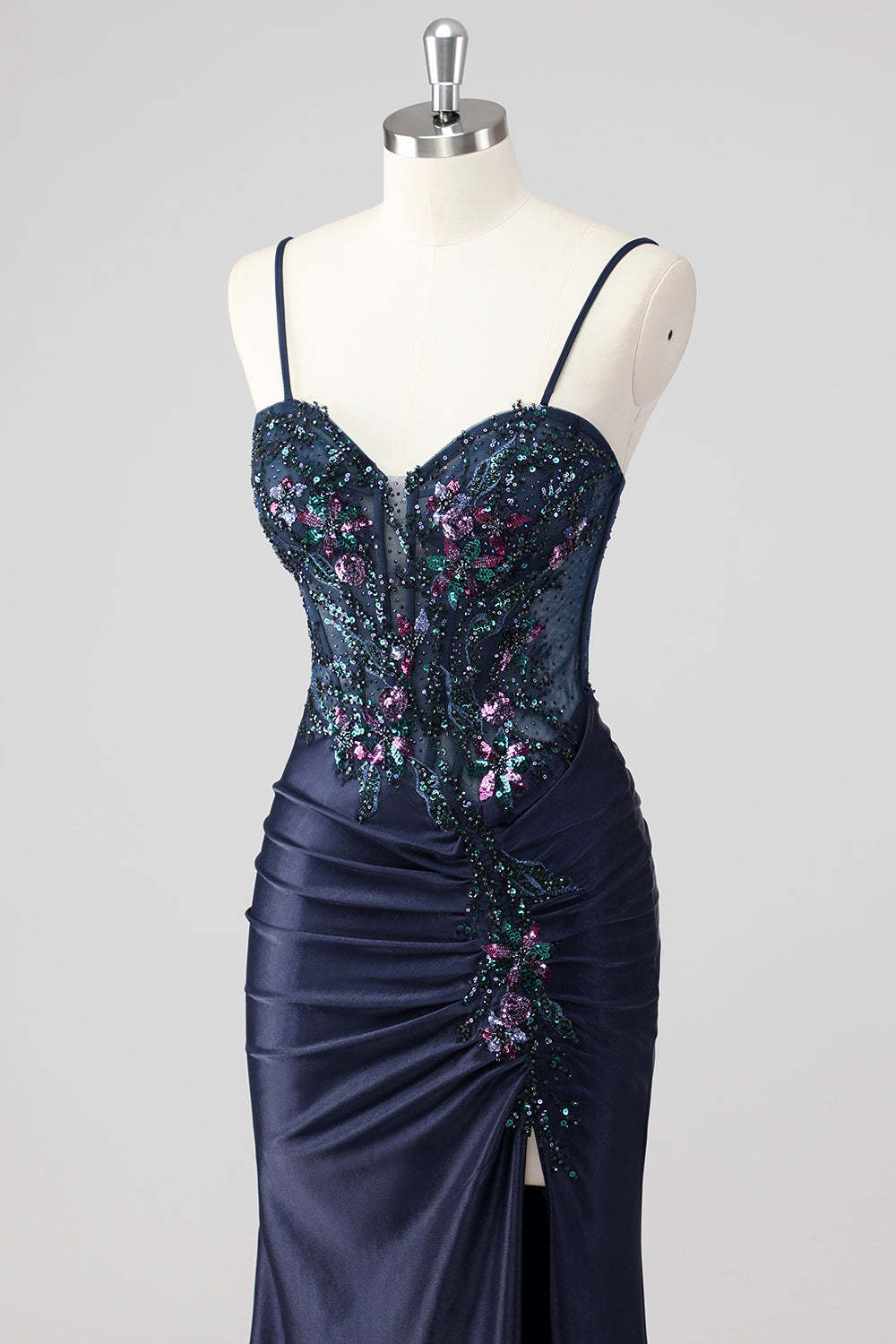 Sparkly Navy Mermaid Sequin Beaded Corset Maxi Prom Dress with Slit