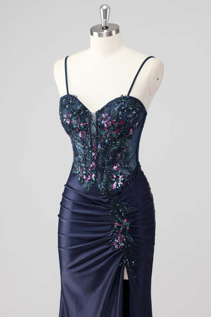 Sparkly Navy Mermaid Sequin Beaded Corset Maxi Prom Dress with Slit