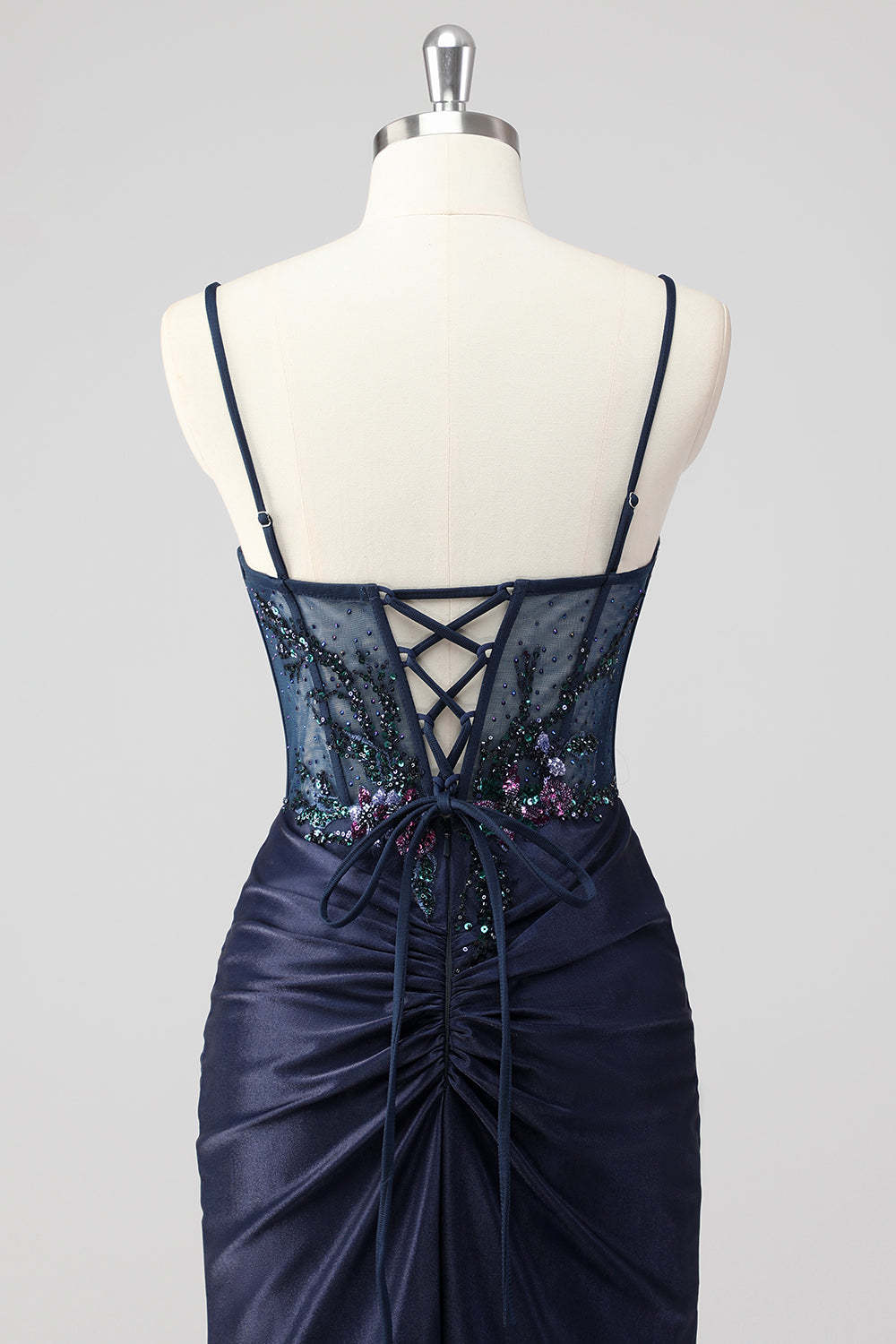 Sparkly Navy Mermaid Sequin Beaded Corset Maxi Prom Dress with Slit