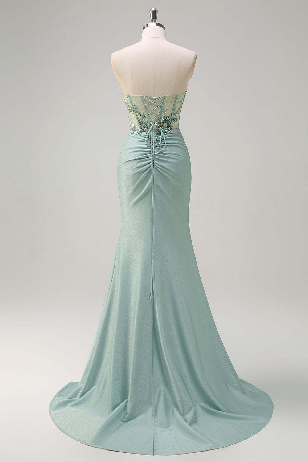 Grey Green Strapless Corset Sequined Mermaid Prom Dress with Slit