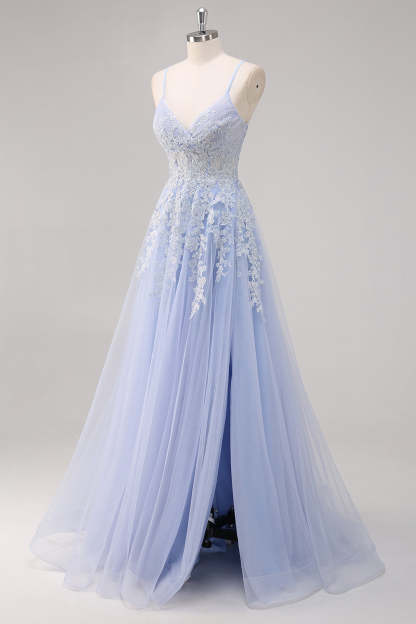 Lavender Corset Beaded Tulle Maxi Prom Dress with Slit