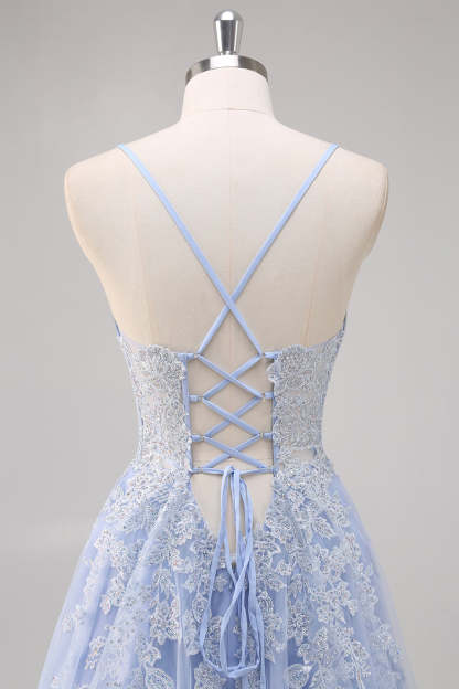 Lavender Corset Beaded Tulle Maxi Prom Dress with Slit