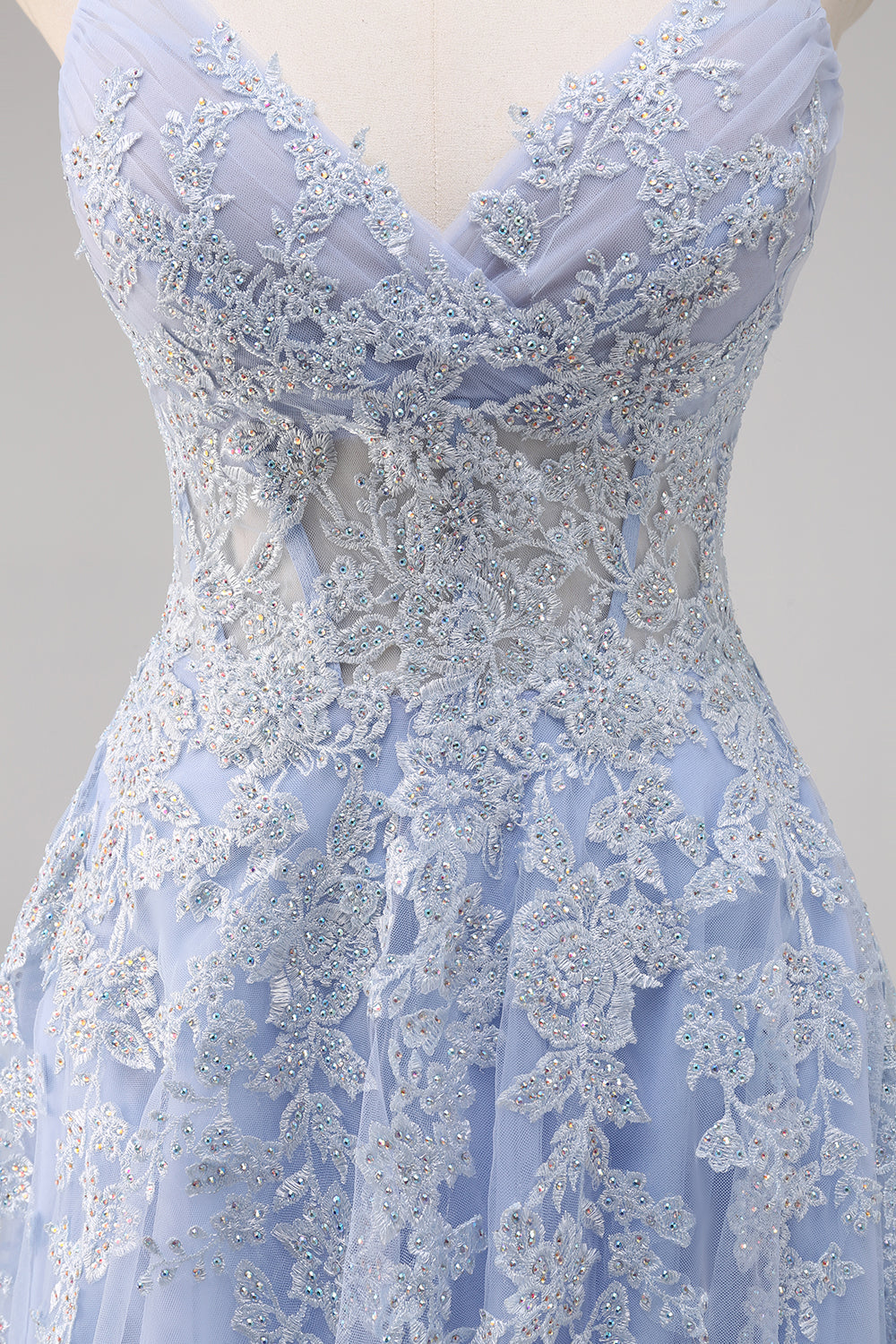 Lavender Corset Beaded Tulle Maxi Prom Dress with Slit