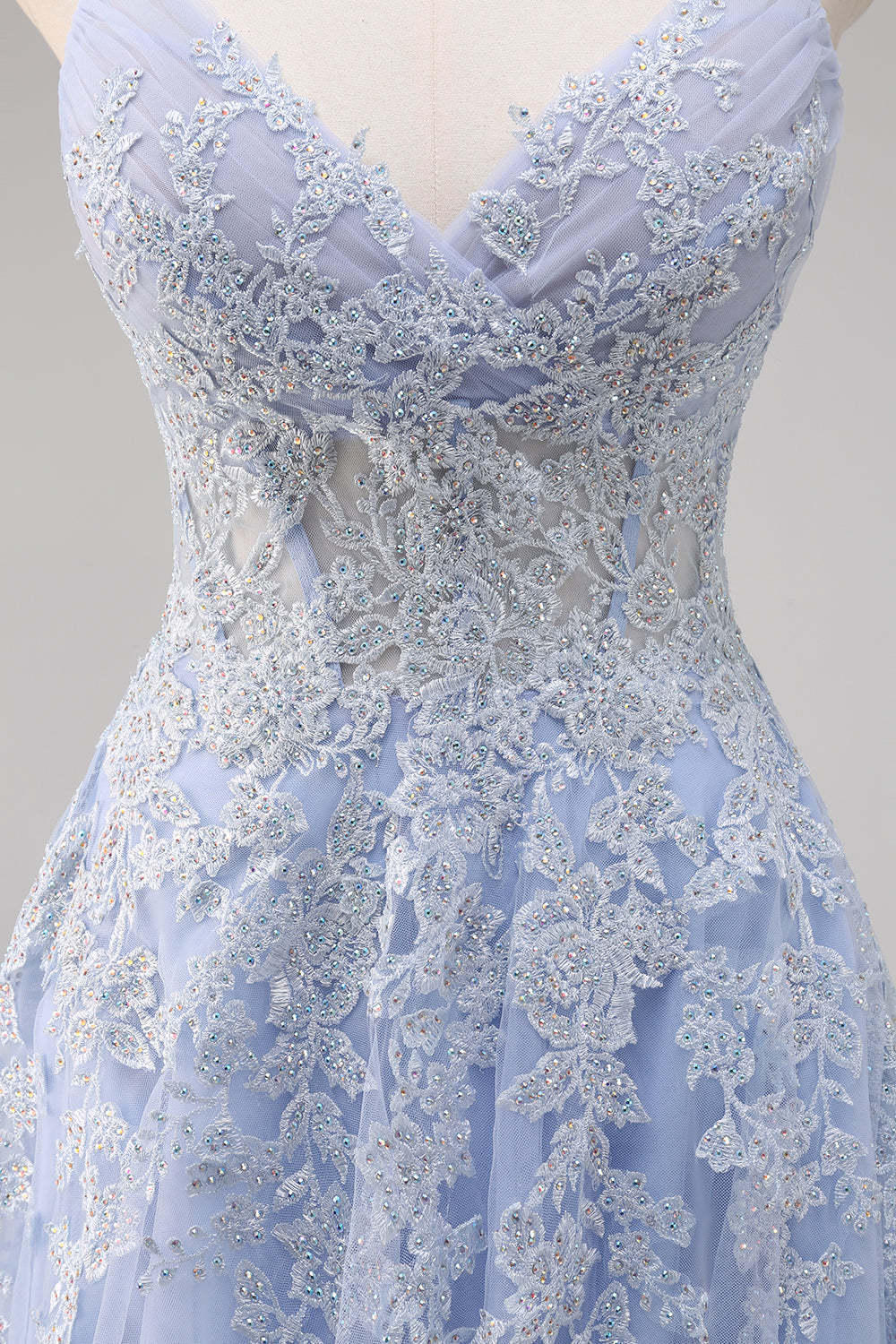 Lavender Corset Beaded Tulle Maxi Prom Dress with Slit
