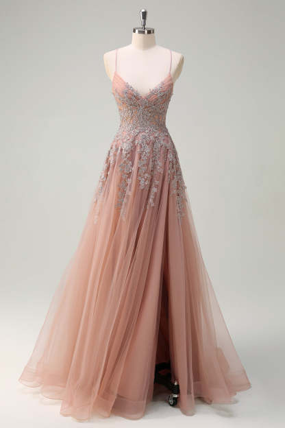 Lavender Corset Beaded Tulle Maxi Prom Dress with Slit