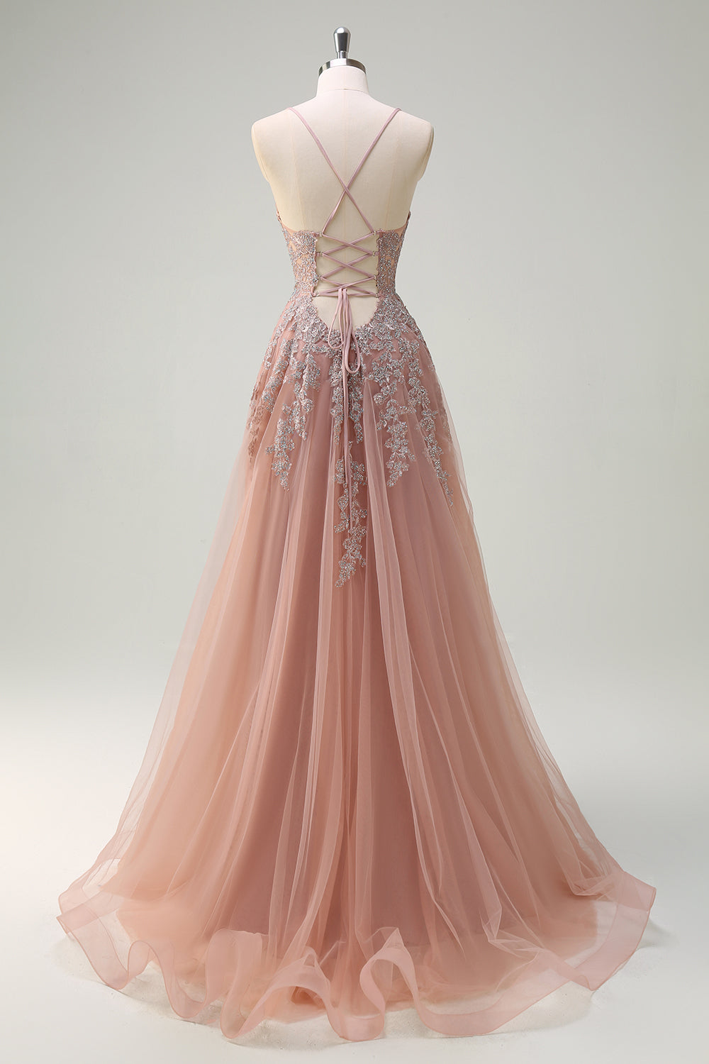Lavender Corset Beaded Tulle Maxi Prom Dress with Slit