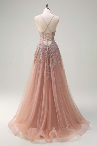 Lavender Corset Beaded Tulle Maxi Prom Dress with Slit