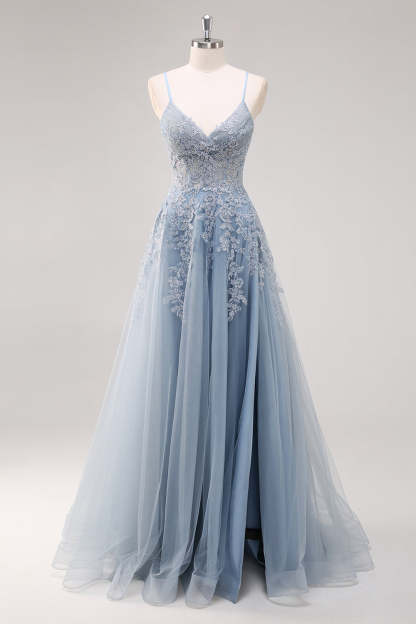 Lavender Corset Beaded Tulle Maxi Prom Dress with Slit