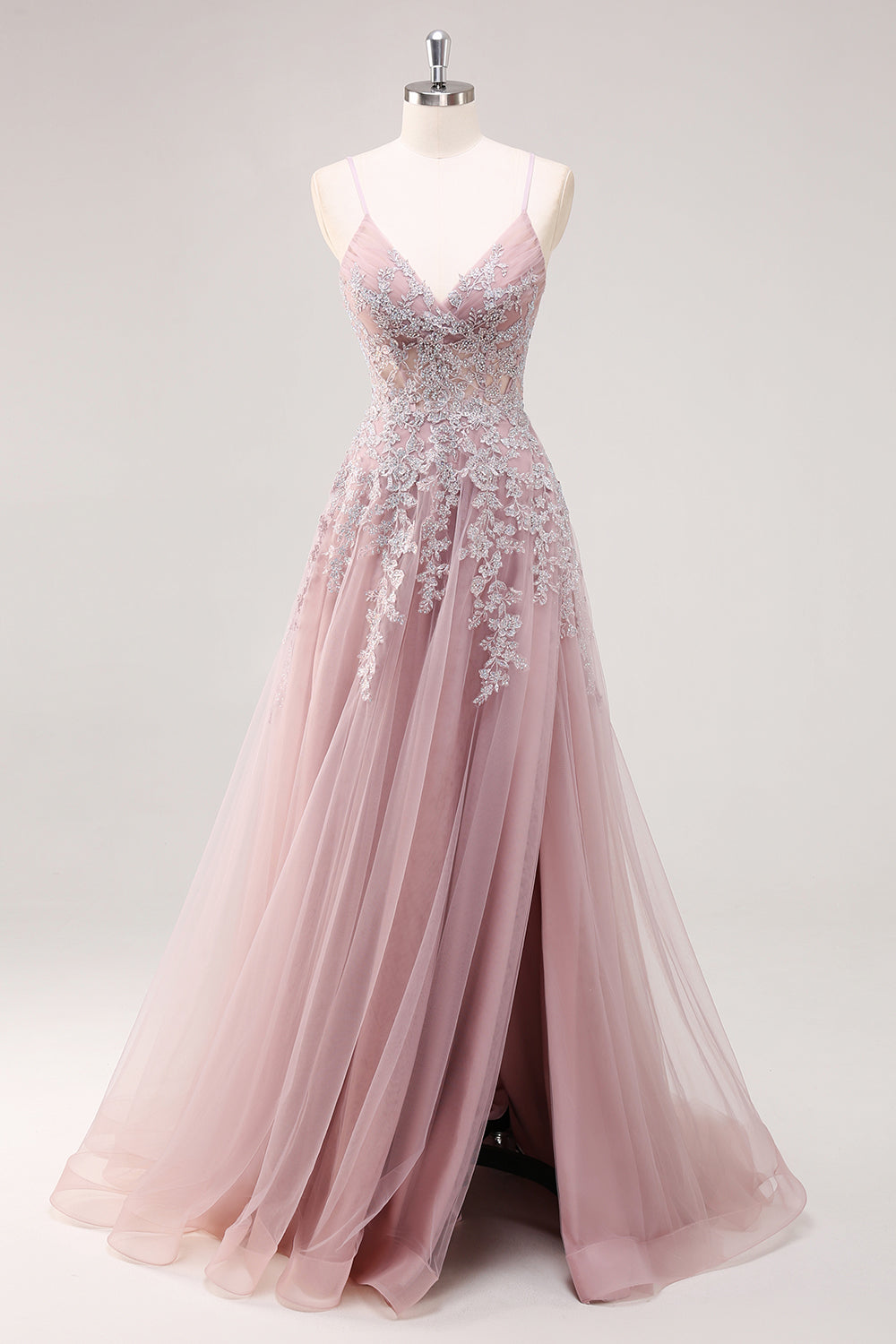 Lavender Corset Beaded Tulle Maxi Prom Dress with Slit