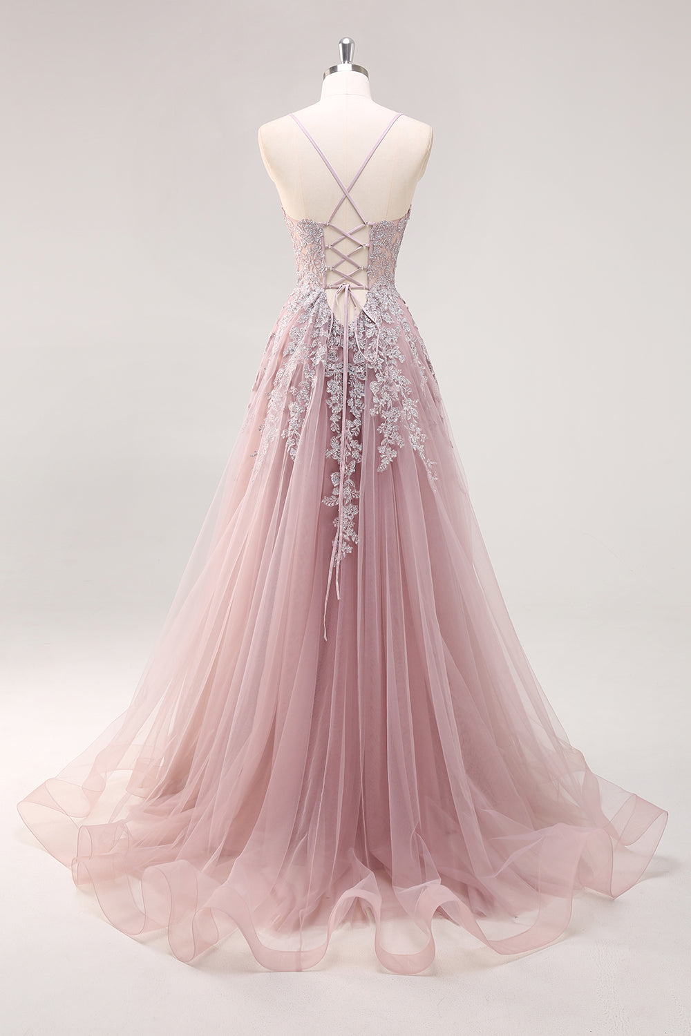 Lavender Corset Beaded Tulle Maxi Prom Dress with Slit