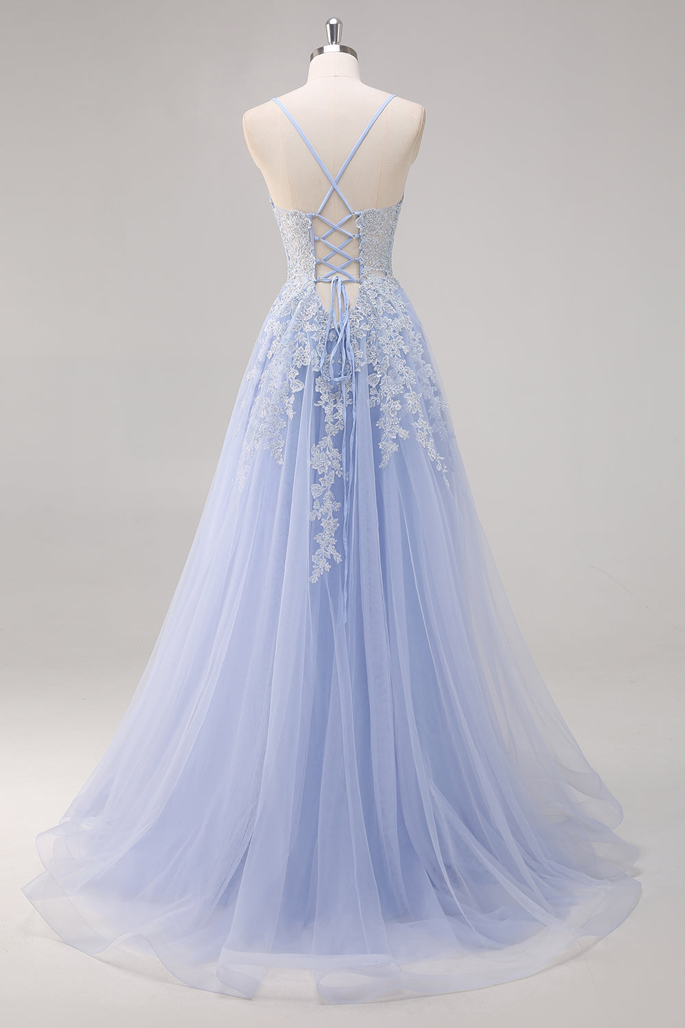 Lavender Corset Beaded Tulle Maxi Prom Dress with Slit