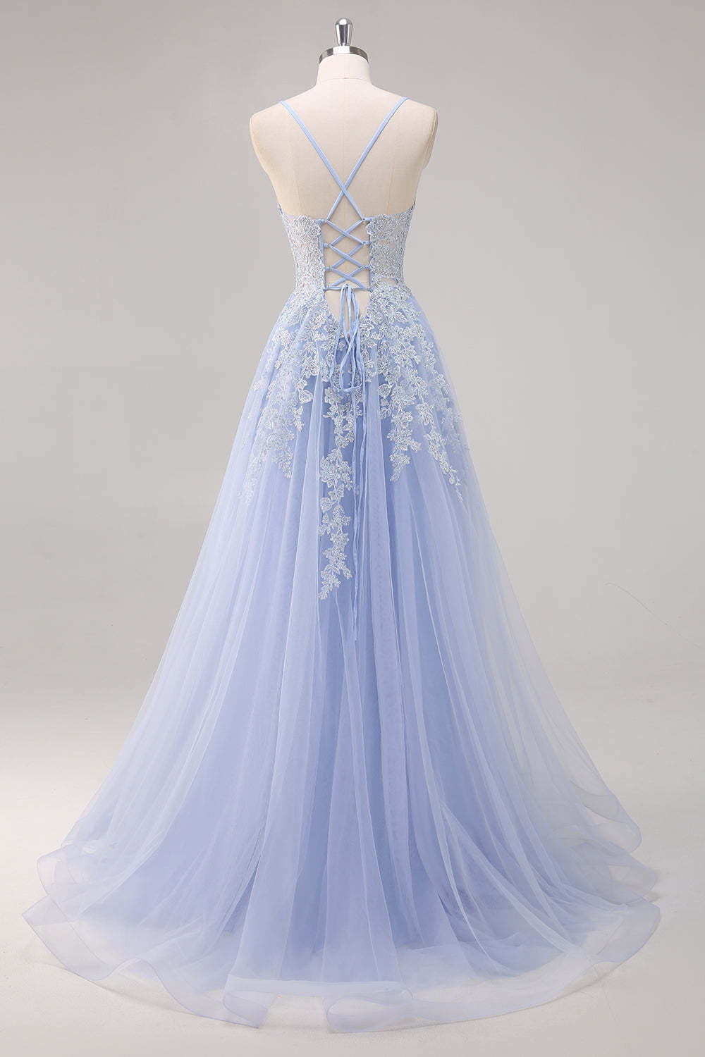 Lavender Corset Beaded Tulle Maxi Prom Dress with Slit