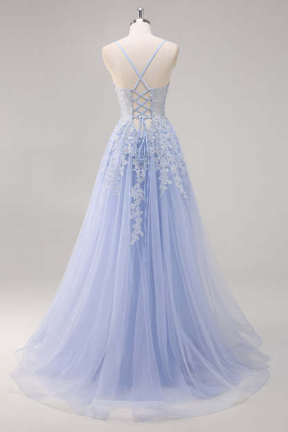 Lavender Corset Beaded Tulle Maxi Prom Dress with Slit