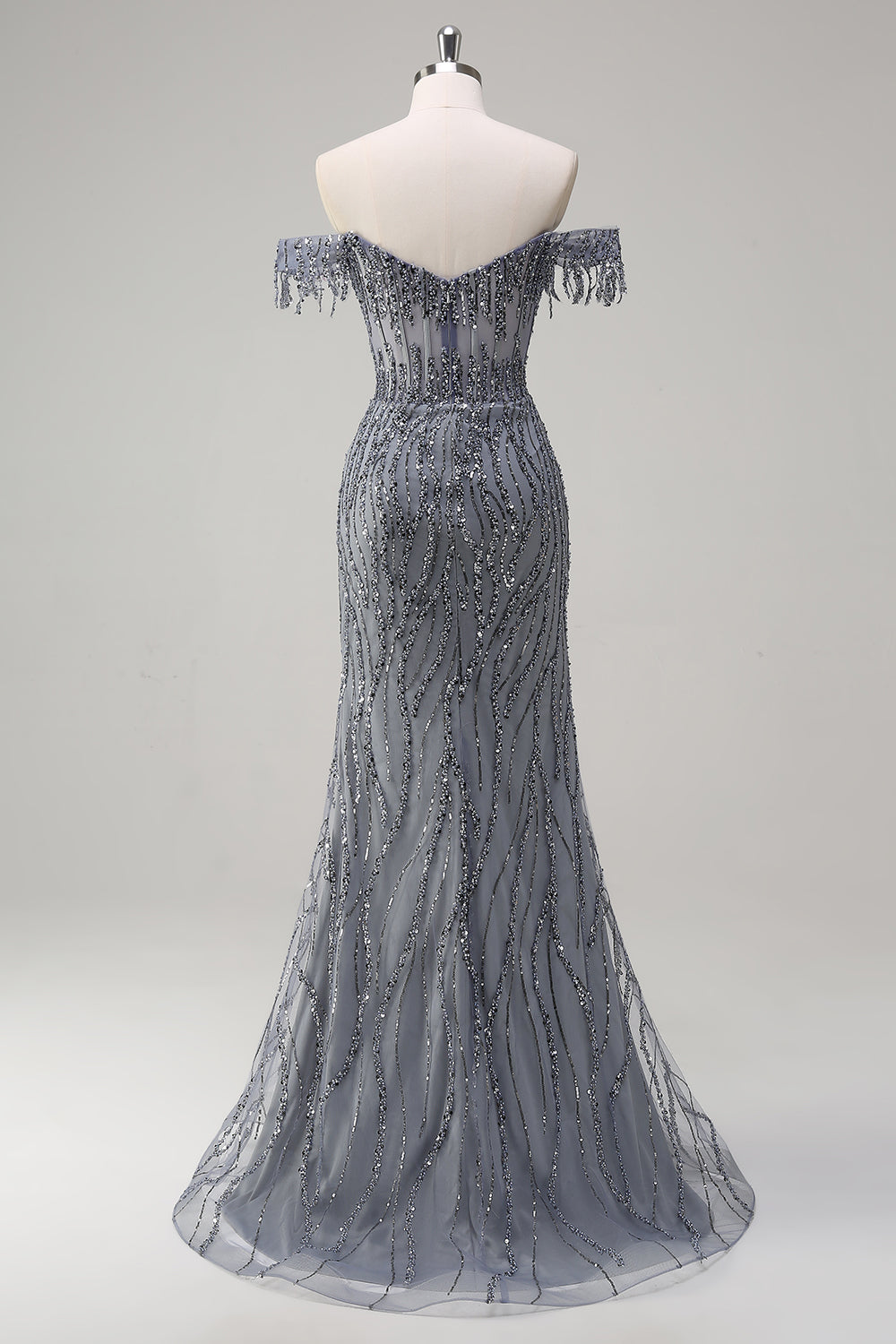 Dusty Rose Sequined Off the Shoulder Corset Mermaid Prom Dress with Slit