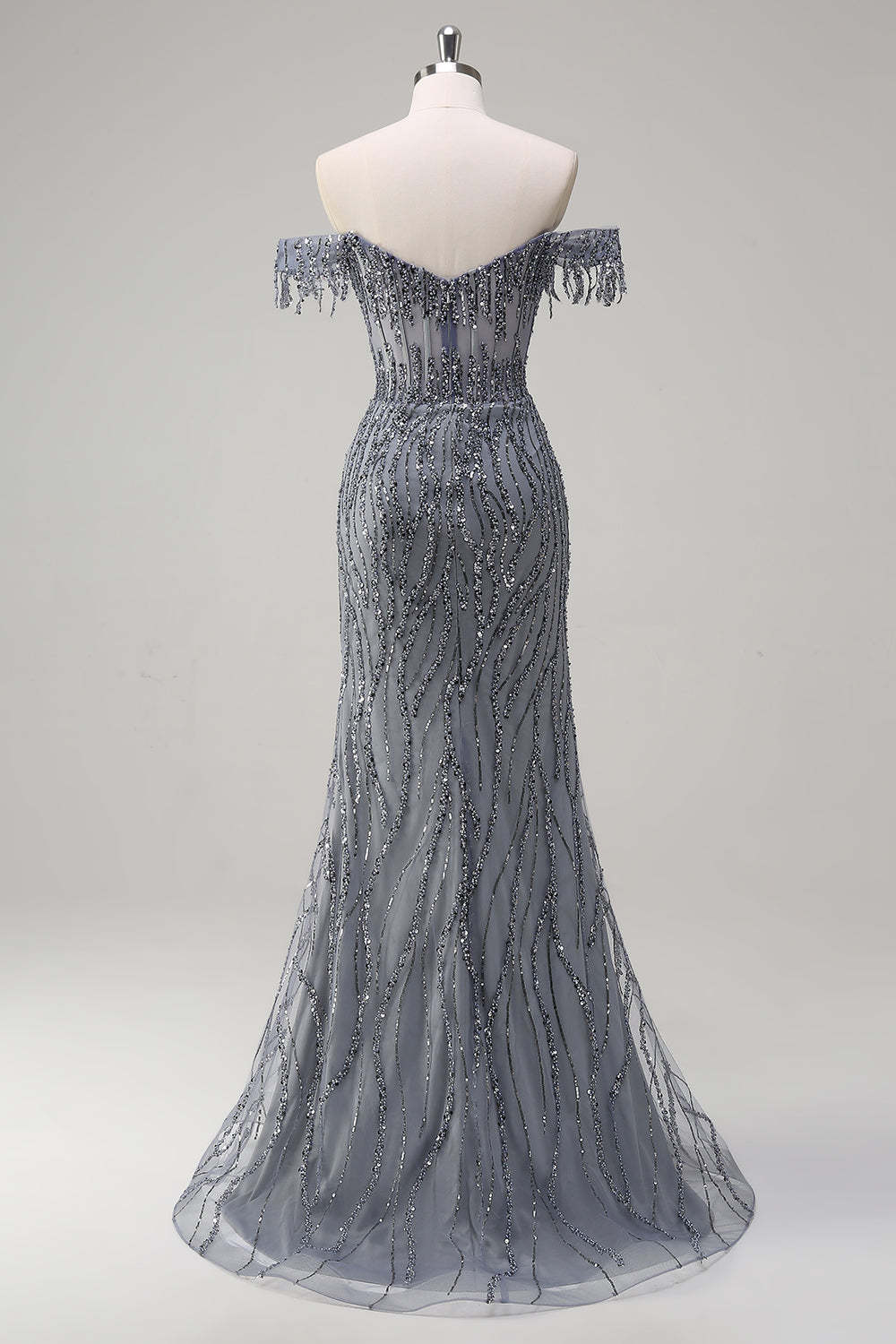 Dusty Rose Sequined Off the Shoulder Corset Mermaid Prom Dress with Slit