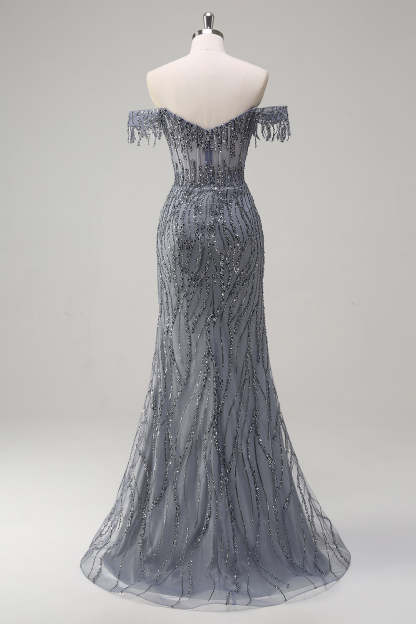 Dusty Rose Sequined Off the Shoulder Corset Mermaid Prom Dress with Slit