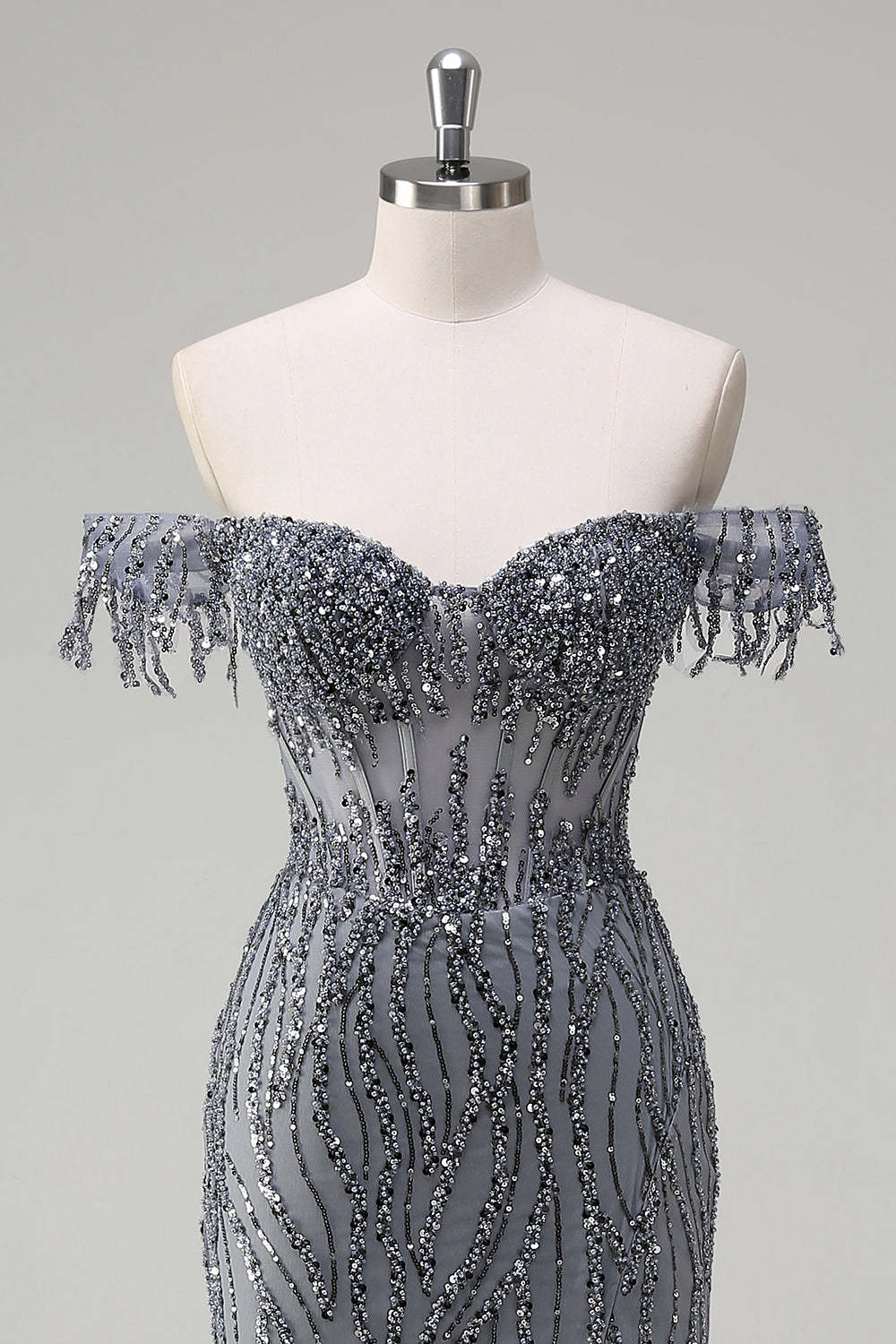 Dusty Rose Sequined Off the Shoulder Corset Mermaid Prom Dress with Slit