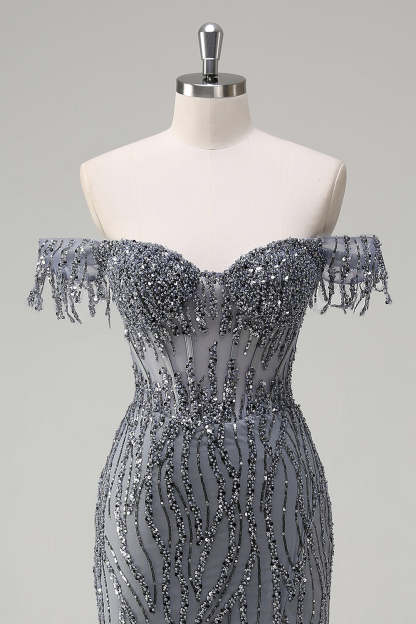 Dusty Rose Sequined Off the Shoulder Corset Mermaid Prom Dress with Slit