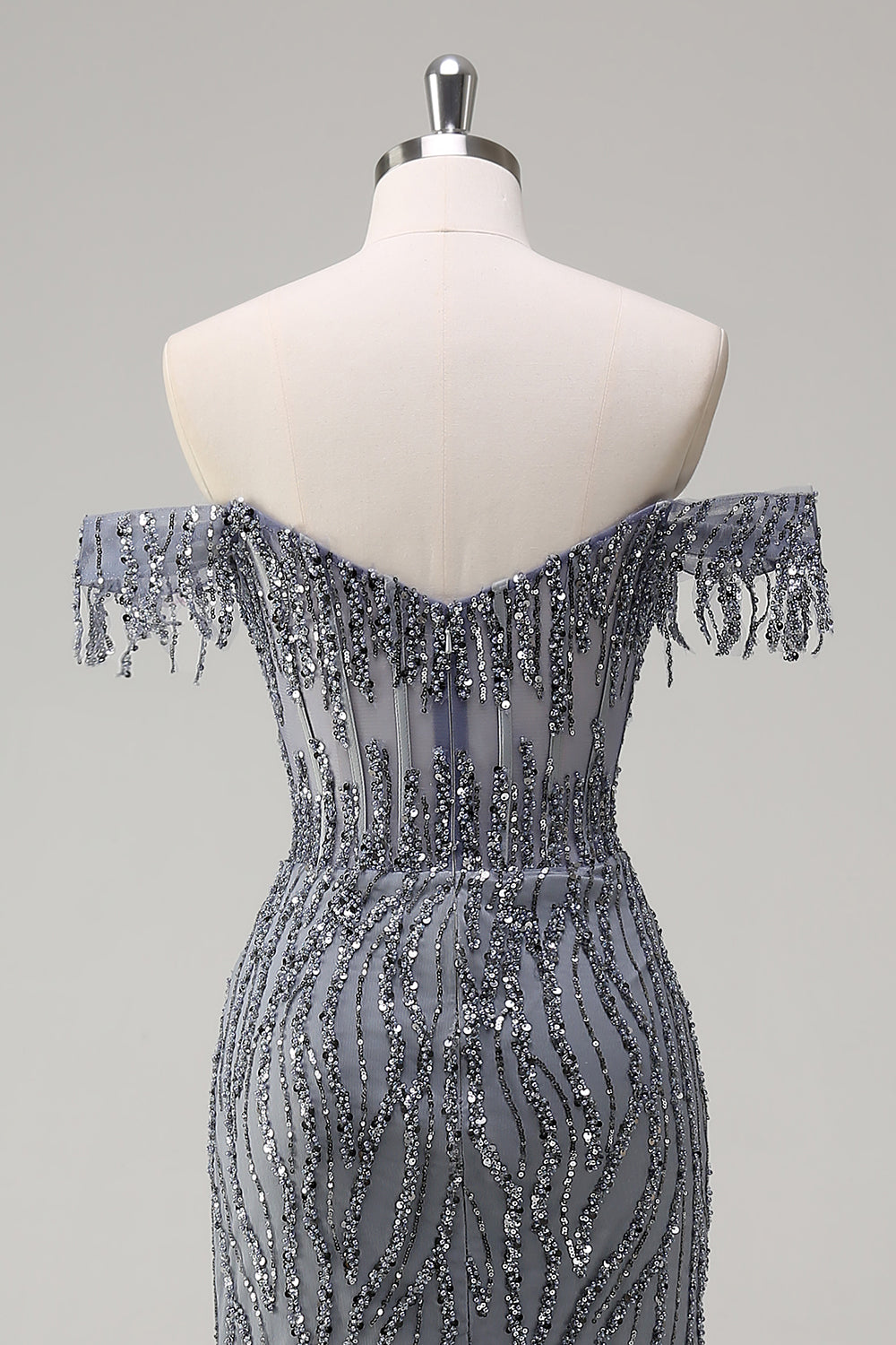 Dusty Rose Sequined Off the Shoulder Corset Mermaid Prom Dress with Slit