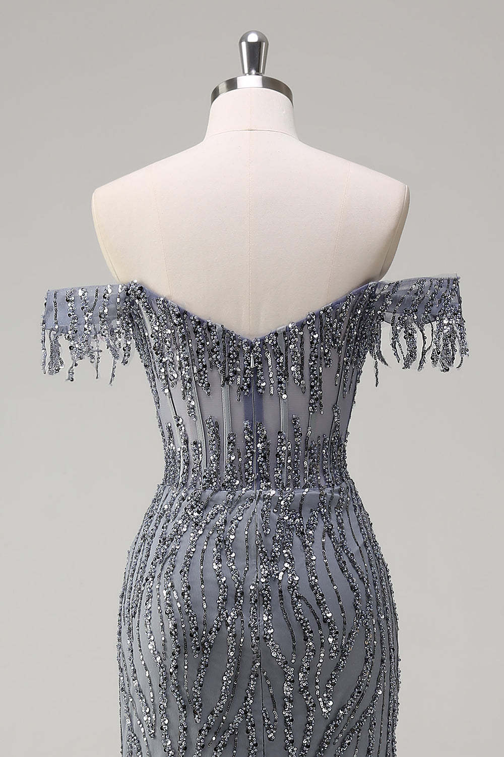 Dusty Rose Sequined Off the Shoulder Corset Mermaid Prom Dress with Slit