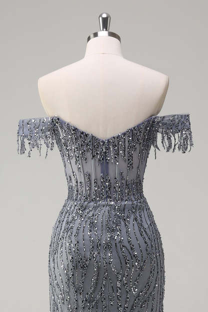 Dusty Rose Sequined Off the Shoulder Corset Mermaid Prom Dress with Slit