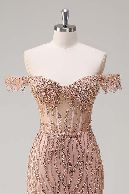 Dusty Rose Sequined Off the Shoulder Corset Mermaid Prom Dress with Slit