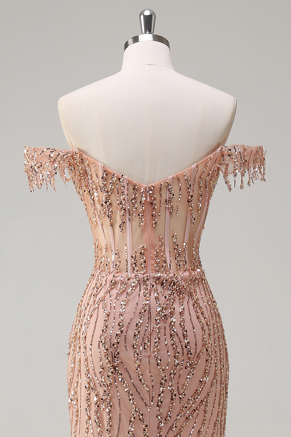 Dusty Rose Sequined Off the Shoulder Corset Mermaid Prom Dress with Slit