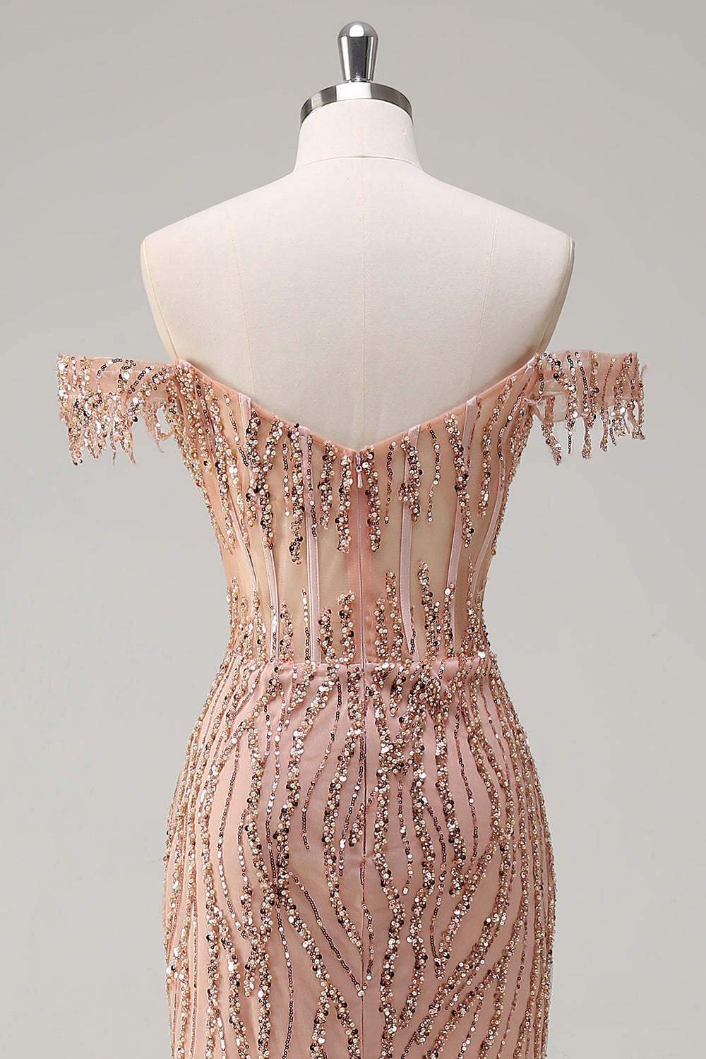 Dusty Rose Sequined Off the Shoulder Corset Mermaid Prom Dress with Slit