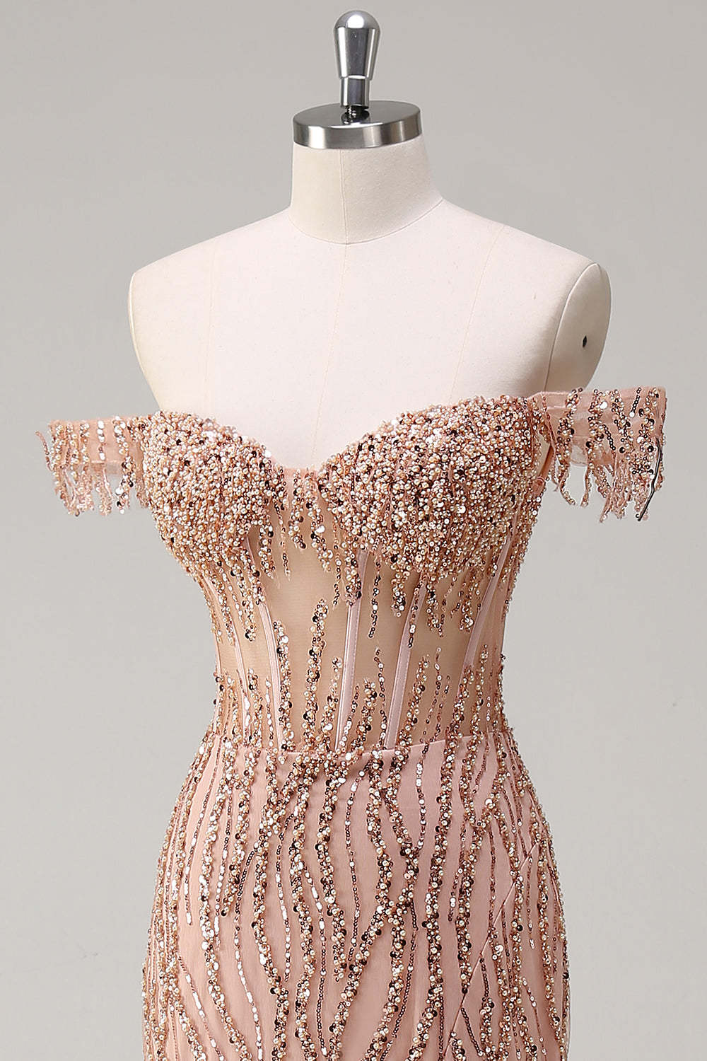 Dusty Rose Sequined Off the Shoulder Corset Mermaid Prom Dress with Slit