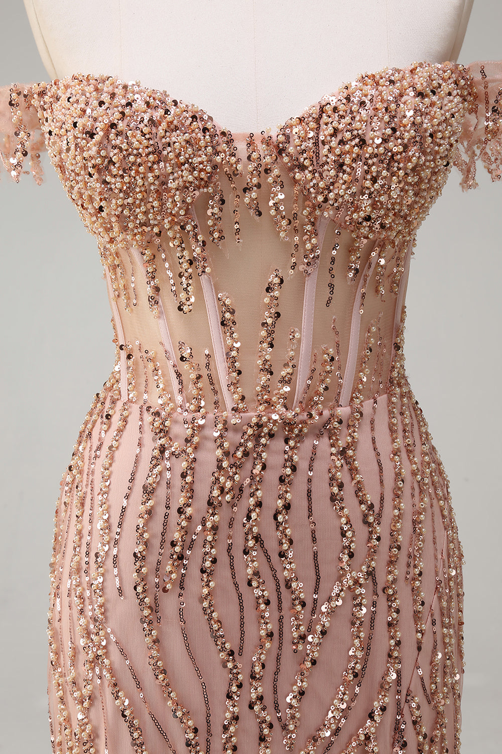 Dusty Rose Sequined Off the Shoulder Corset Mermaid Prom Dress with Slit