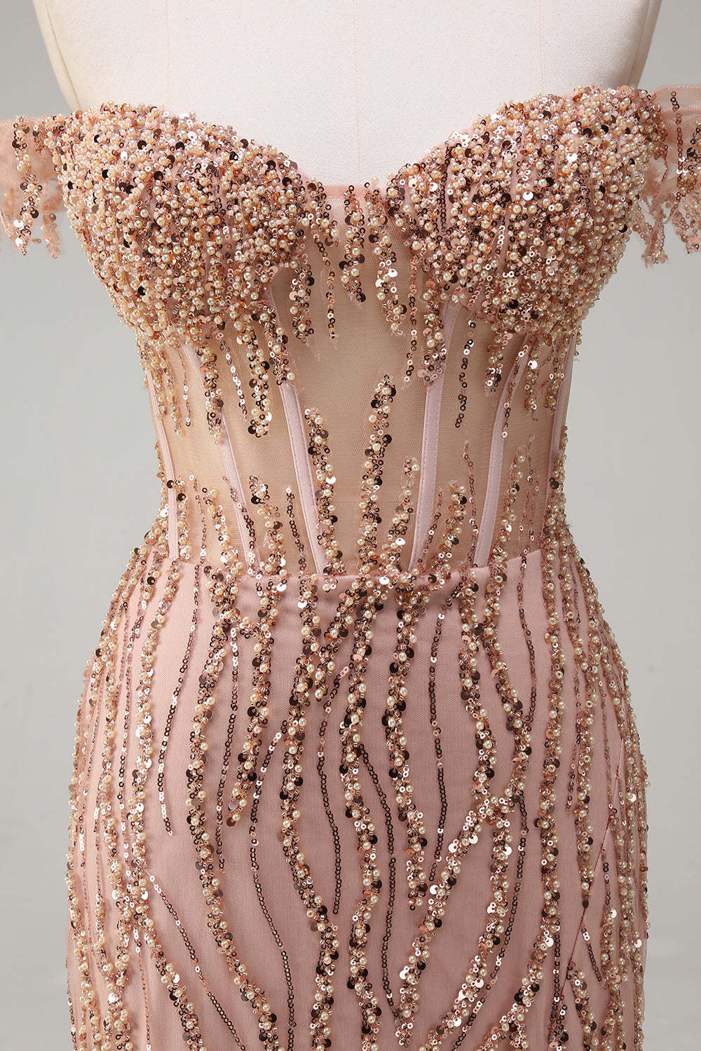 Dusty Rose Sequined Off the Shoulder Corset Mermaid Prom Dress with Slit