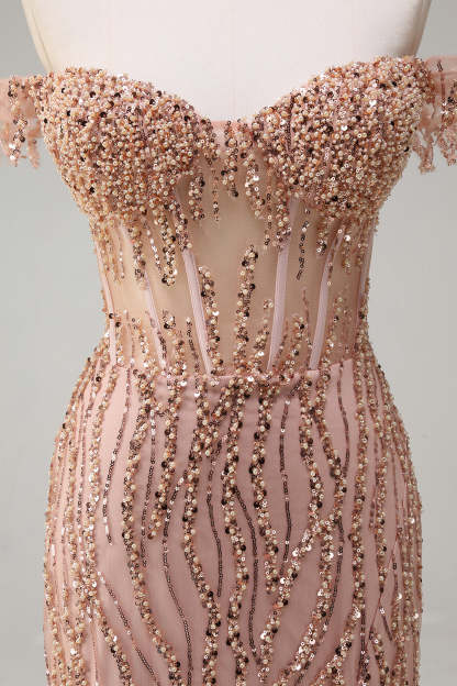 Dusty Rose Sequined Off the Shoulder Corset Mermaid Prom Dress with Slit