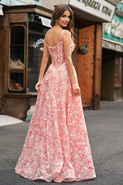 Pink Off the Shoulder Corset A-Line Floral Prom Dress with Slit
