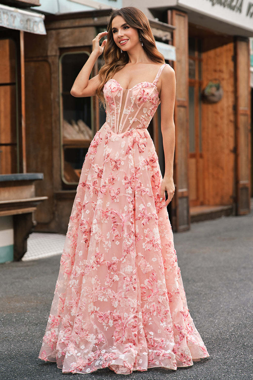 Princess Pink Applique Corset A-Line Floral Prom Dress with Slit