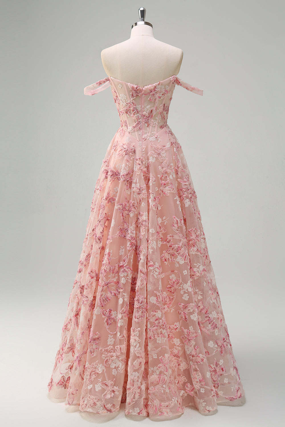 Princess Pink Applique Corset A-Line Floral Prom Dress with Slit