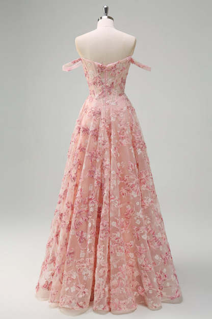 Princess Pink Applique Corset A-Line Floral Prom Dress with Slit