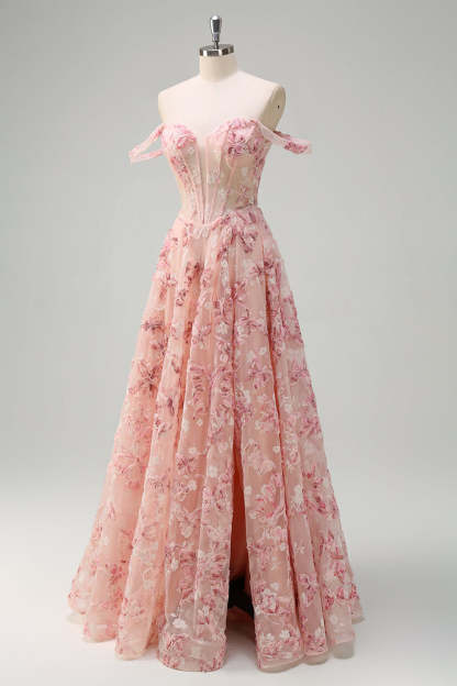 Pink Off the Shoulder Corset A-Line Floral Prom Dress with Slit