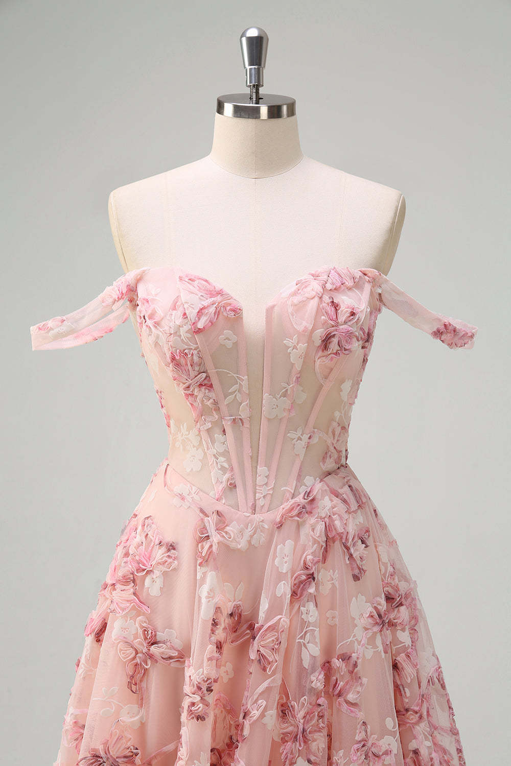 Pink Off the Shoulder Corset A-Line Floral Prom Dress with Slit